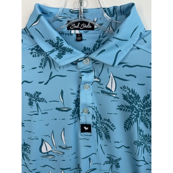 Bad Birdie Polo Shirt Sailing Print Blue Tropical Golf Coastal Yachtcore Mens L - Picture 1 of 9